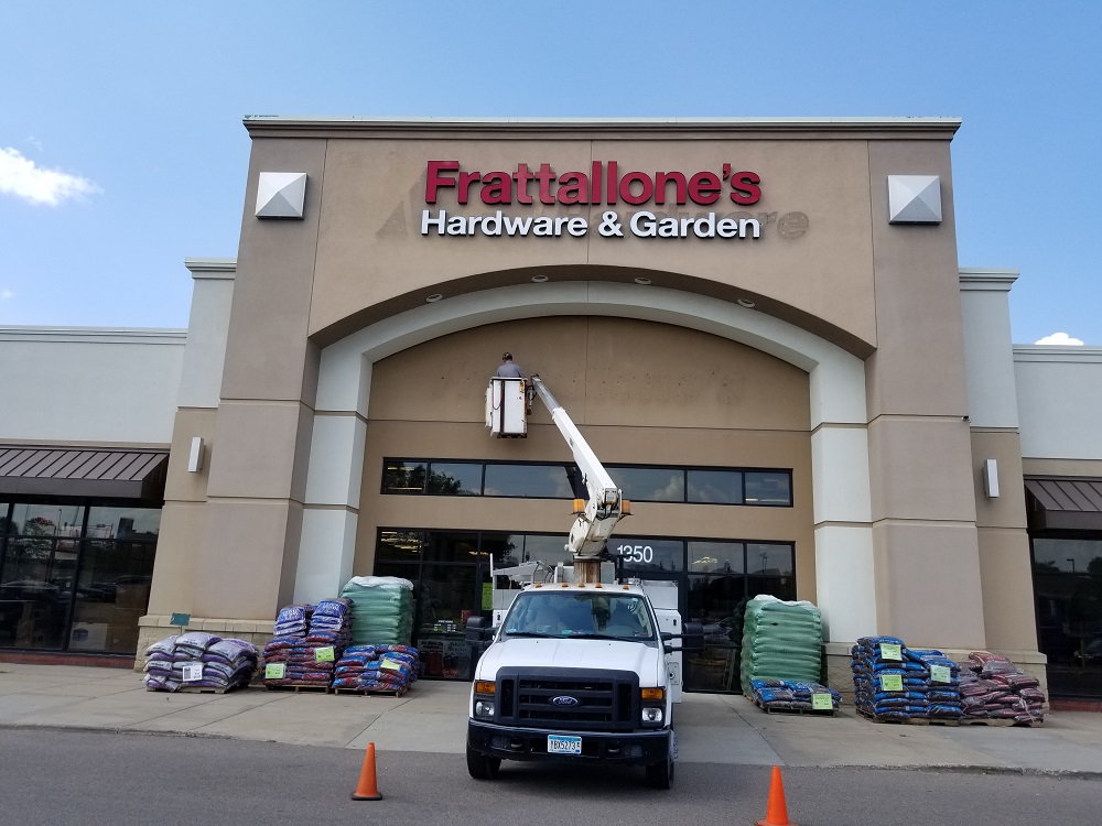 Completed Frattallone's Hardware storefront rebranding signage in Burnsville, Minnesota